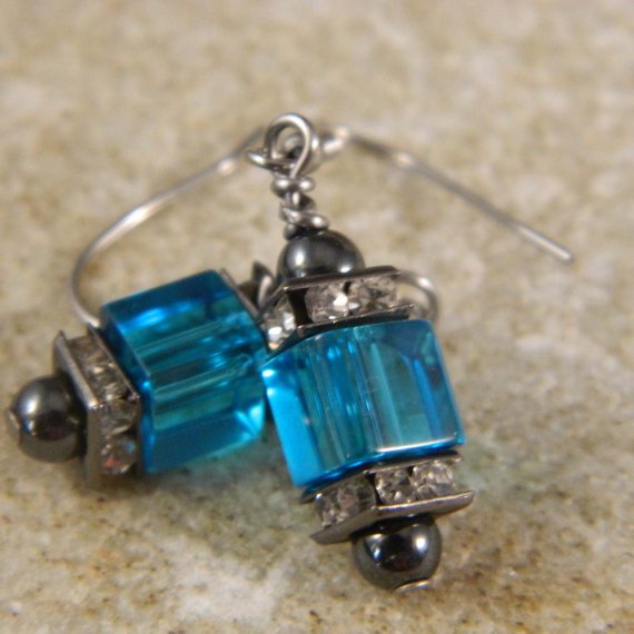 Blue Square Glass Dangle Earrings